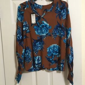 Floral blue brown casual blouse tunic women small